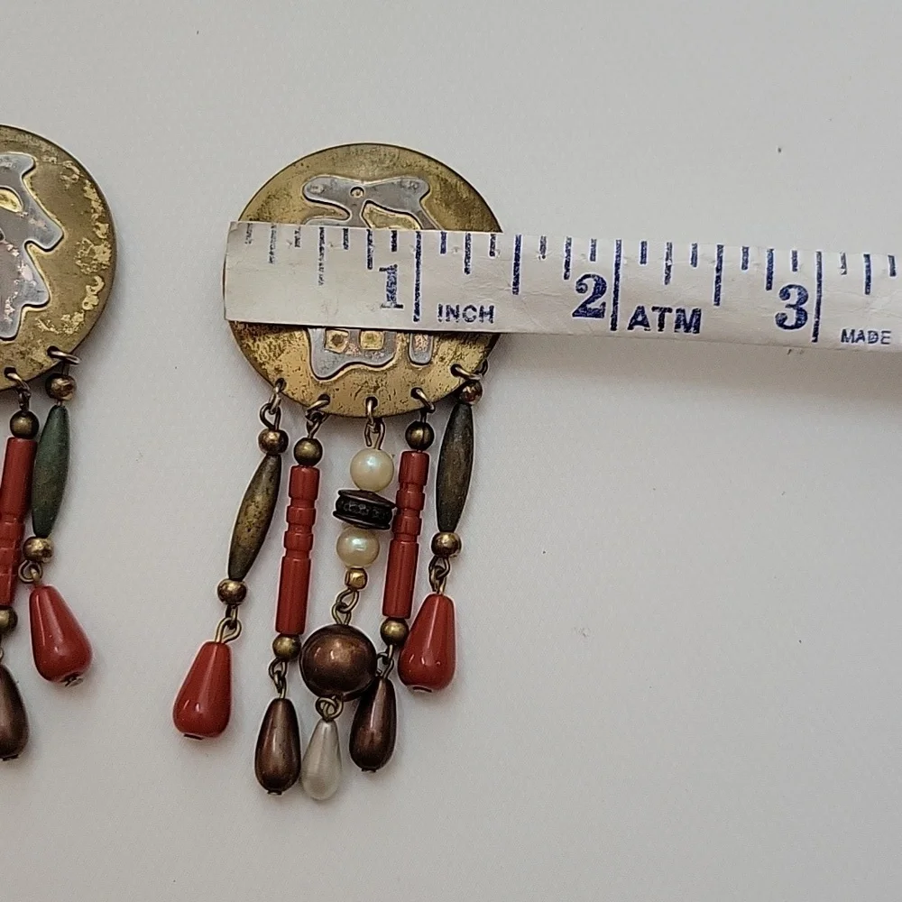 Vintage Clip-On Asian Inspired Beaded Dangle Drop Earrings
